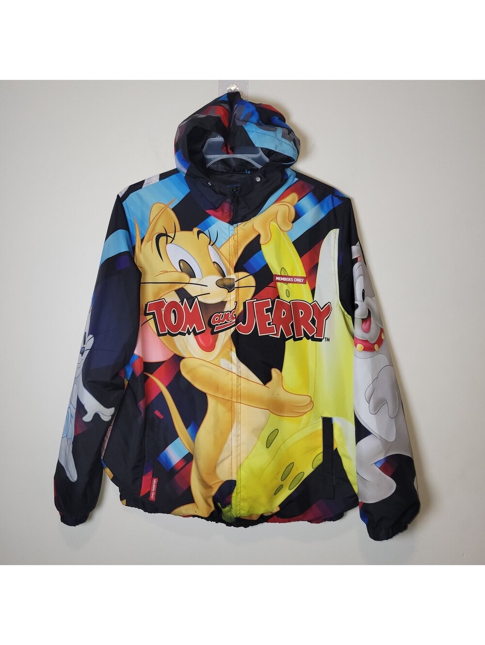 Members Only Tom and Jerry All-Over Print Hooded Windbreaker Jacket Men's M READ
